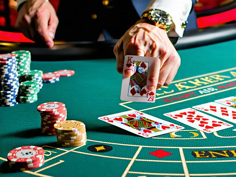 Hình ảnh bàn chơi Baccarat trực tuyến với người chia bài, bài và chip cá cược, thể hiện sự tập trung và tính toán chiến thuật.