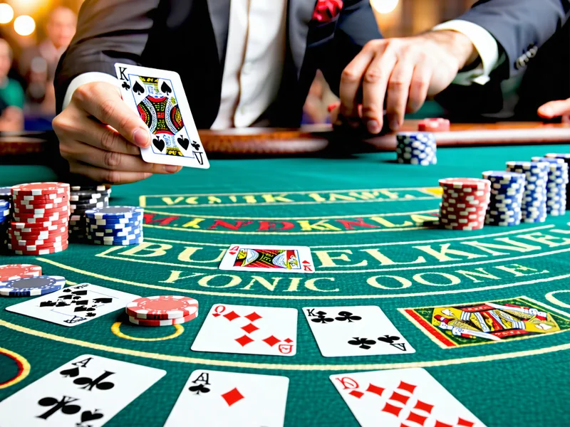 Hình ảnh bàn chơi Blackjack với người chia bài và người chơi đang cầm bài, chip cá cược, tập trung vào việc đưa ra quyết định chiến thuật.