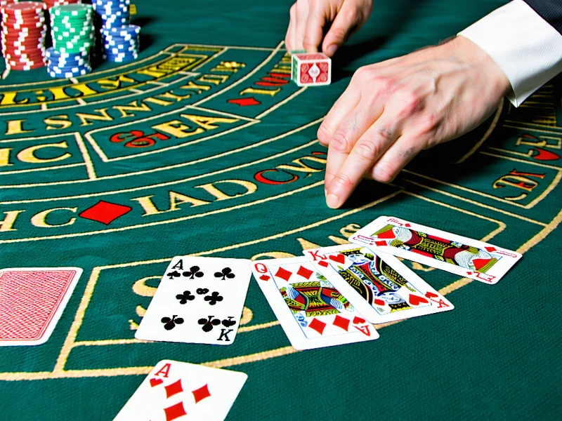 Hình ảnh bàn Blackjack với người chơi và dealer, minh họa cách tính điểm và chiến lược