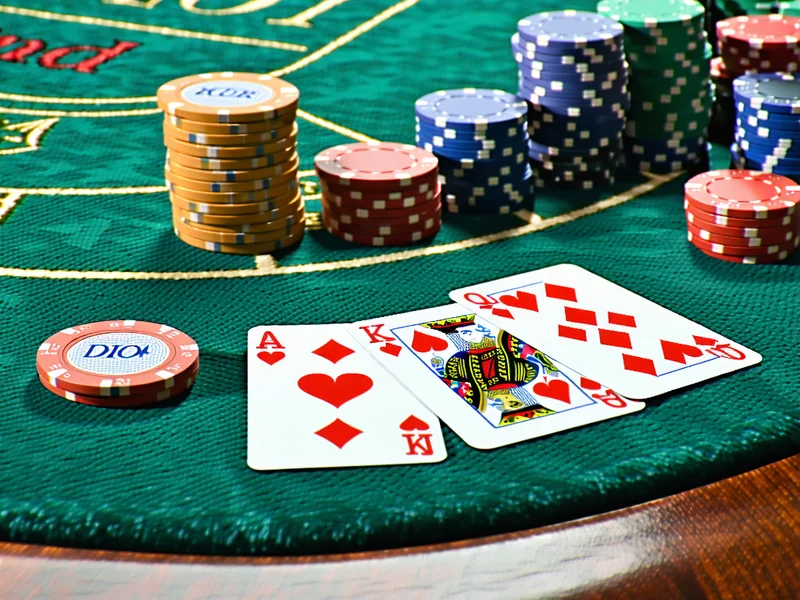 Hình ảnh bàn Poker với các quân bài chung và chip cược, thể hiện sự phức tạp và chiến thuật của trò chơi