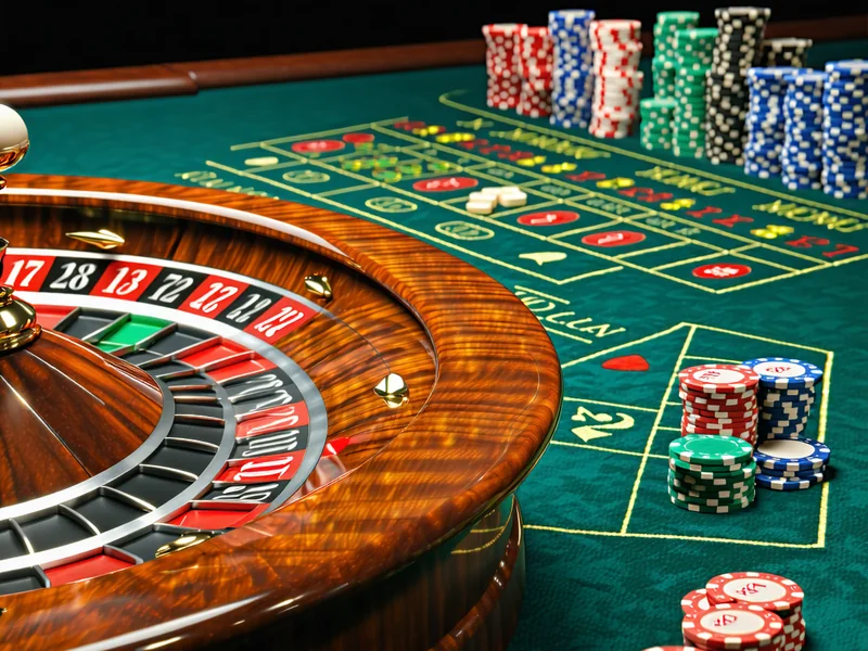 Hình ảnh bàn Roulette với vòng quay và các ô số, minh họa các loại cược và mẹo quản lý rủi ro