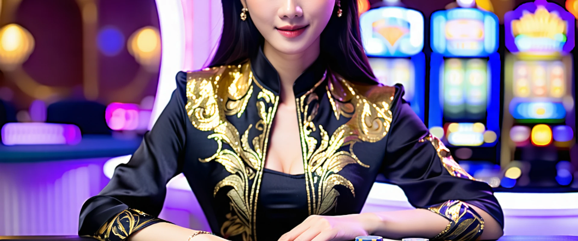 Hình ảnh sòng bạc trực tuyến sang trọng với người chia bài và các trò chơi như Baccarat, Roulette, Blackjack, thể hiện không khí chuyên nghiệp và cơ hội chiến thắng tại vipwinbest.com.