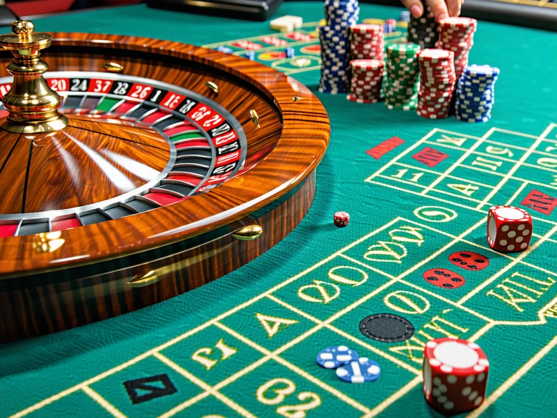 Hình ảnh bánh xe Roulette quay với quả bóng sắp dừng lại, chip cá cược và bàn cược, tạo cảm giác hồi hộp và chờ đợi kết quả.