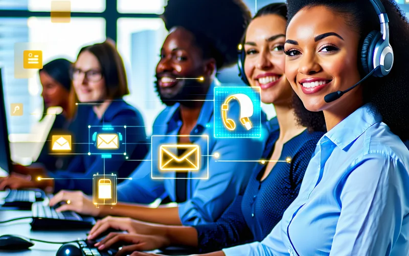 Hình ảnh một nhóm nhân viên hỗ trợ khách hàng của vipwinbest.com đang làm việc, biểu tượng điện thoại và tin nhắn, thể hiện sự sẵn sàng hỗ trợ người chơi.