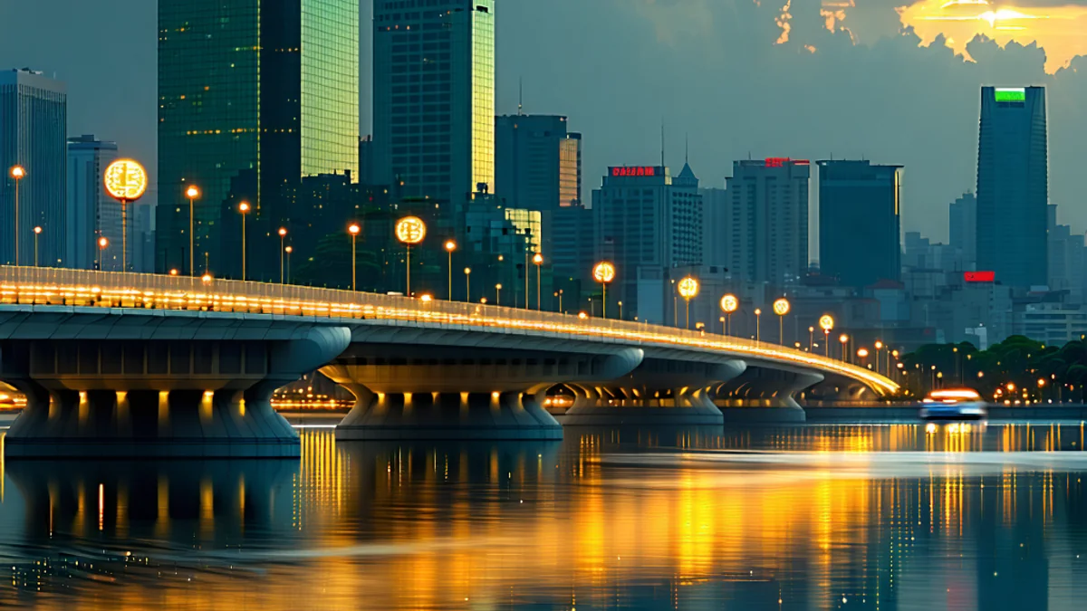 Hình ảnh kết hợp phong cảnh hiện đại của Việt Nam với các yếu tố kỹ thuật số và biểu tượng may mắn, tượng trưng cho tương lai của ngành công nghiệp giải trí và cờ bạc hợp pháp tại Việt Nam, liên kết với tầm nhìn của vipwinbest.com.